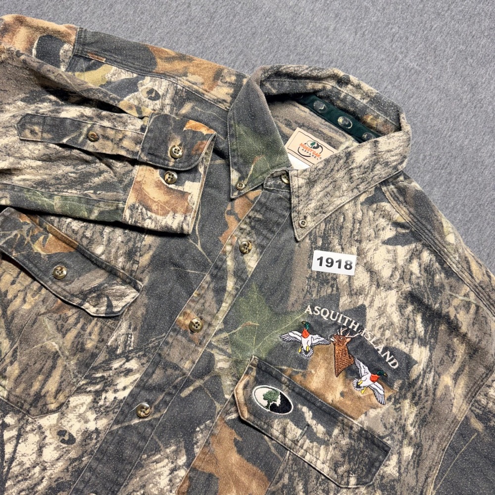 Vintage Mossy Oak Apparel Camo Shirt Mens Large Asquith Island Hunting Fishing